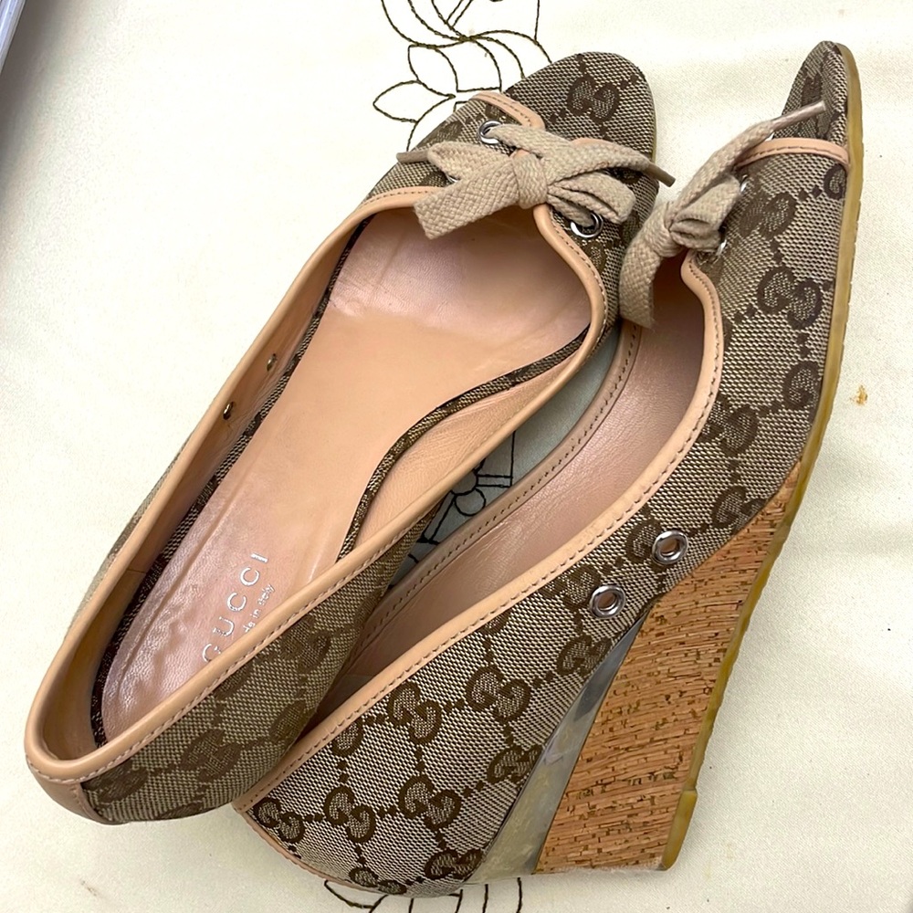 GUCCI Monogram Canvas/Leather Cork Heel Wedges